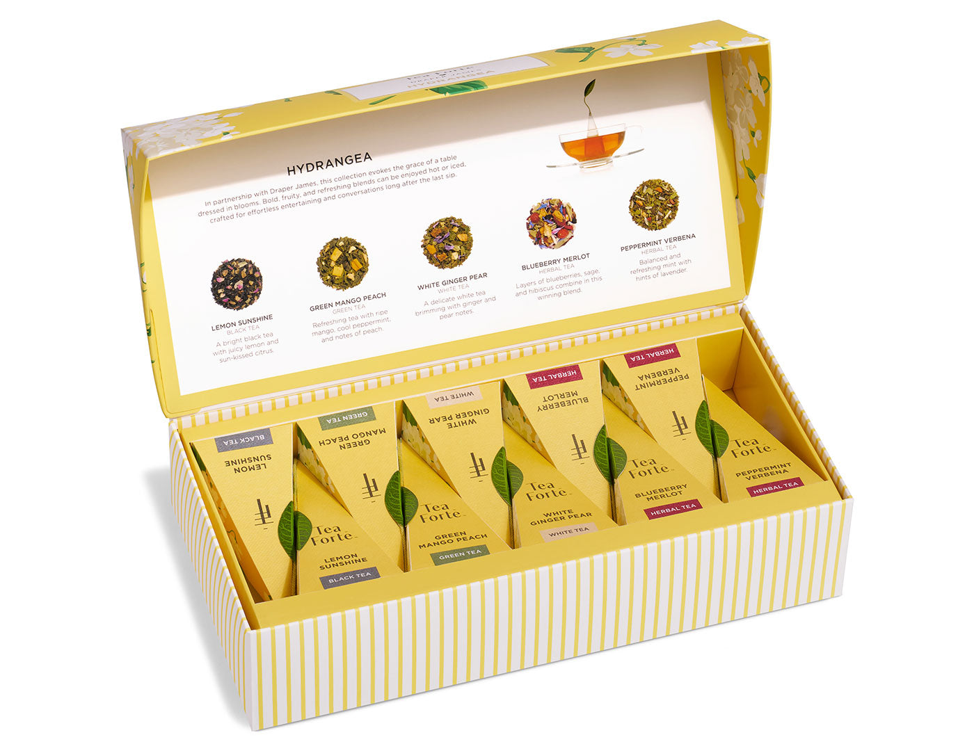 Hydrangea Petite Presentation Box, open, showing 10 pyramid tea infusers