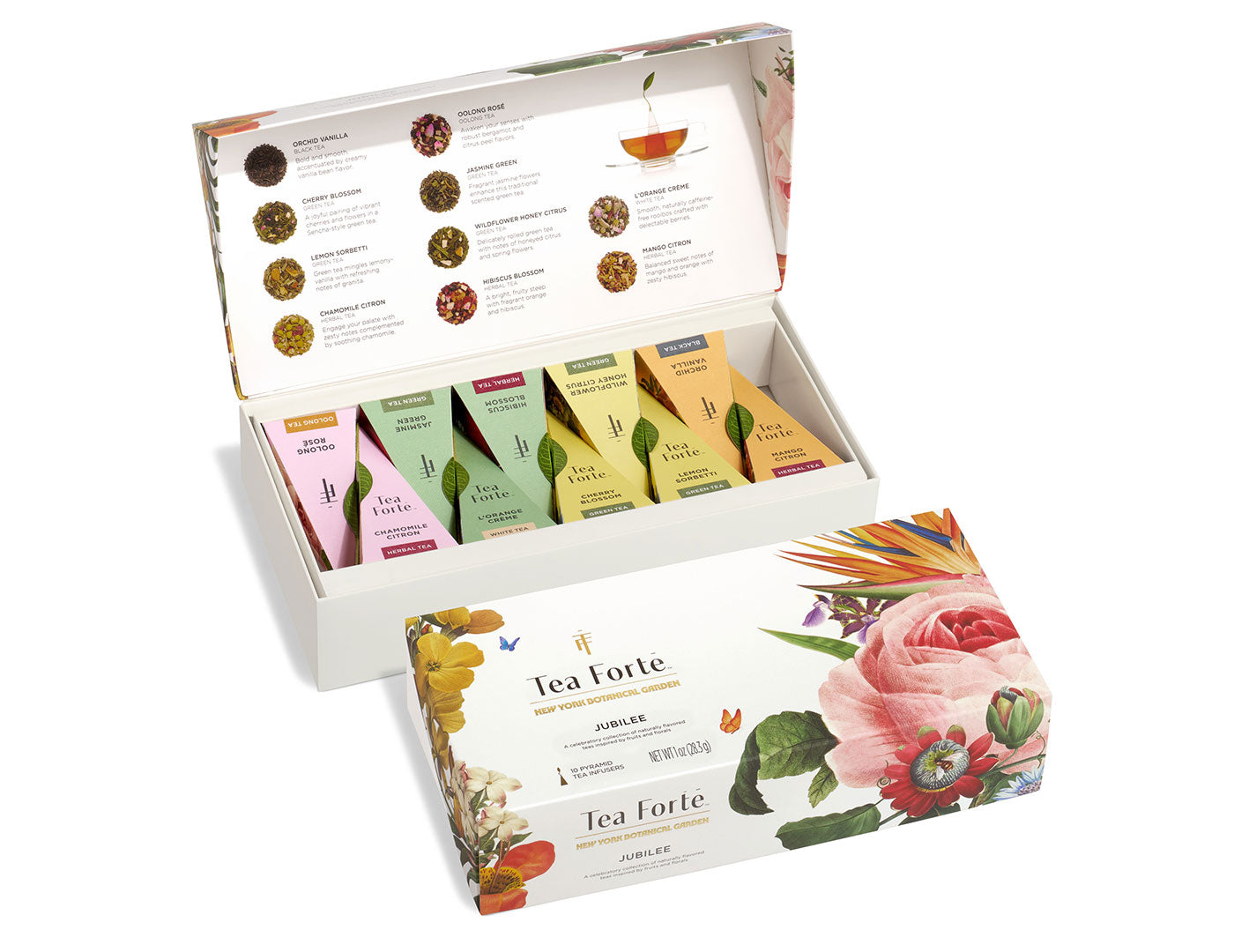 Jubilee Petite Presentation Box of 10 pyramid teas, lid open and closed