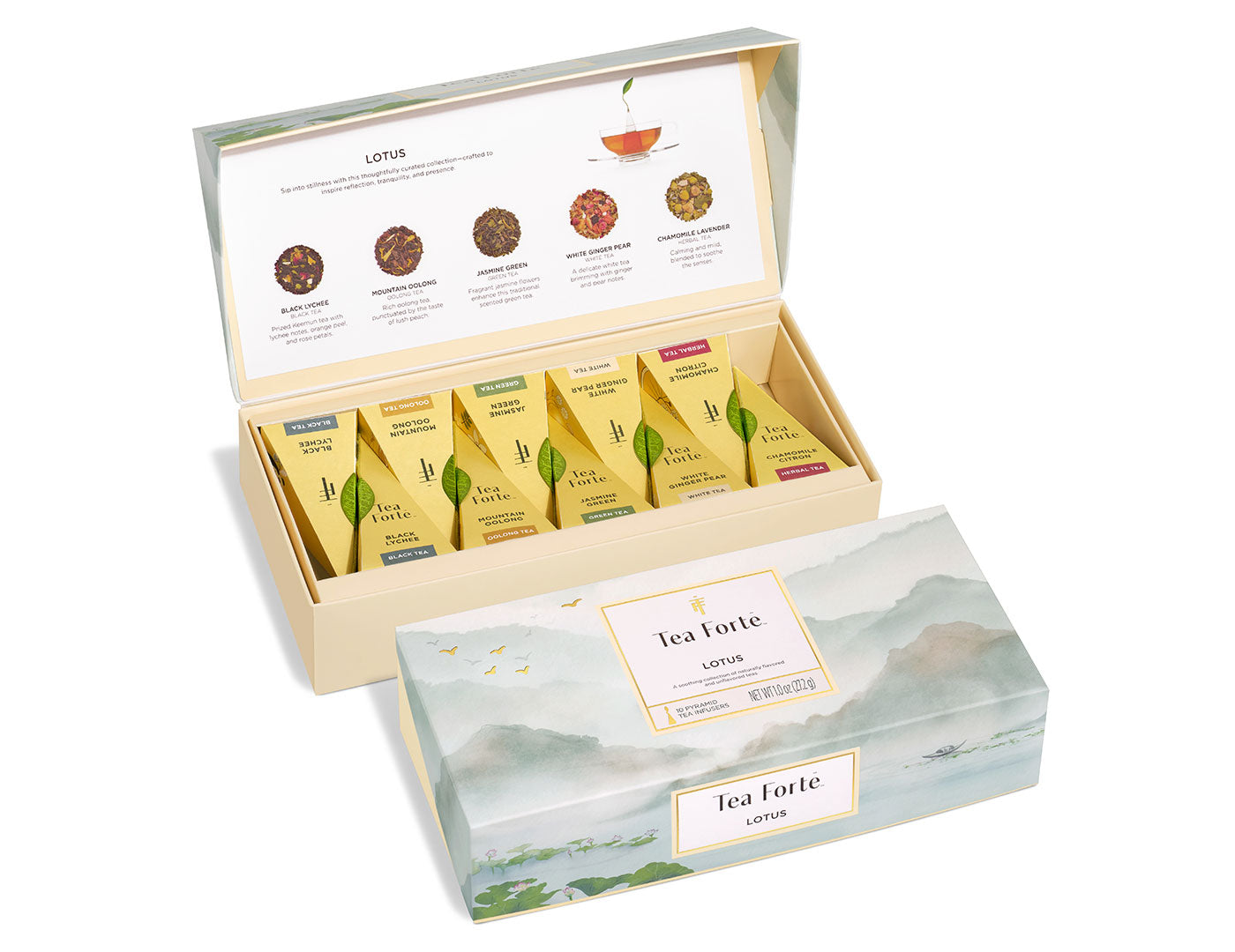 Lotus tea assortment in a 10 count Petite Presentation box with lid open and closed