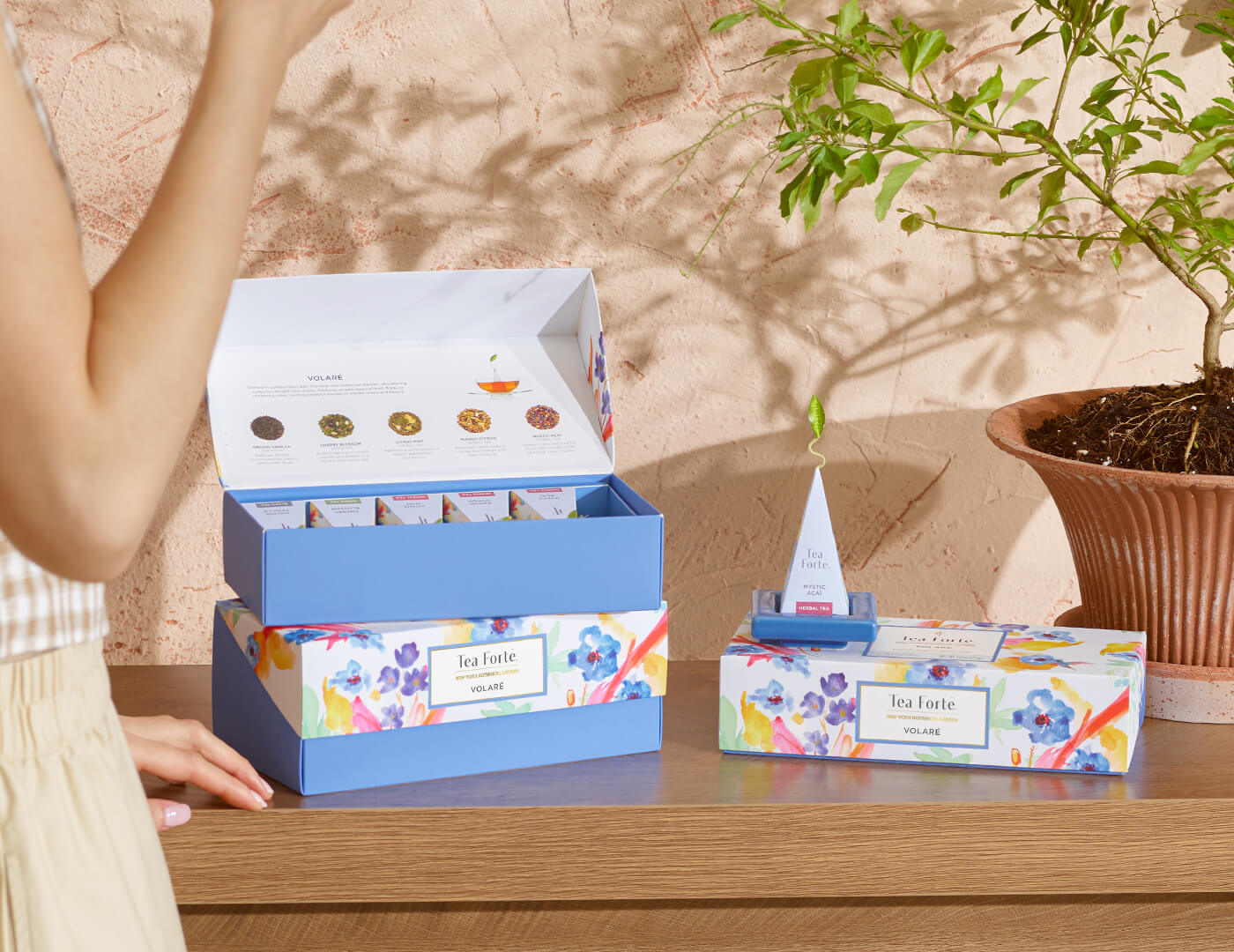 Volare Petite Presentation Box, open and closed box, on a wooden table with a woman off to the side