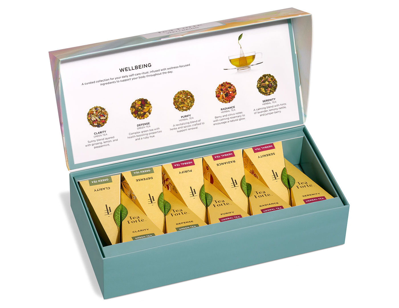 Wellbeing Petite Presentation Box of 10 teas, lid open 
