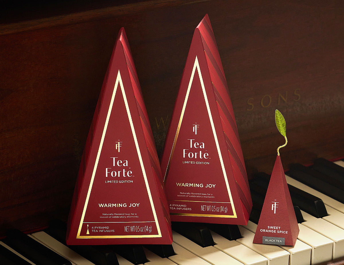 Two Petite Tea Trees  displayed on a piano keyboard with a pyramid infuser