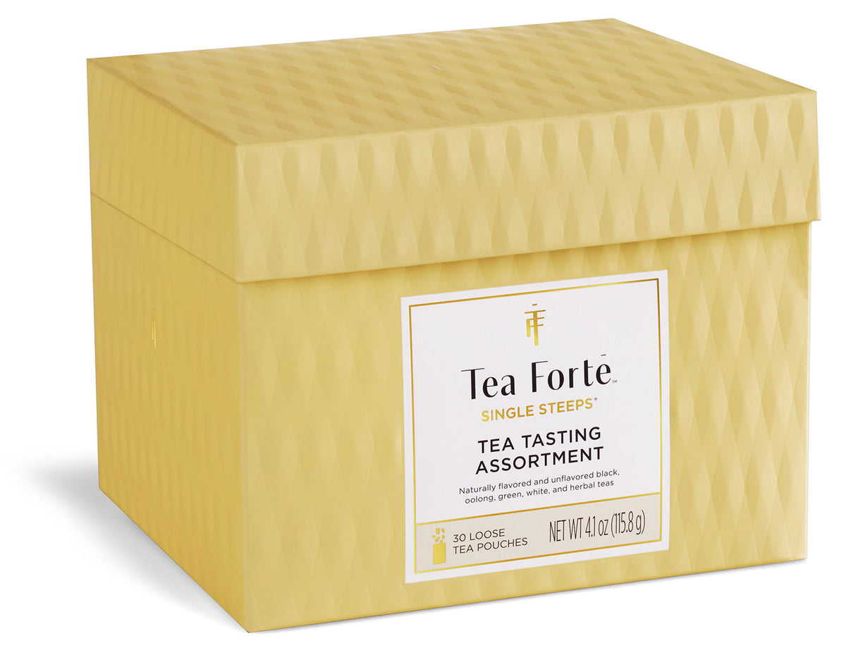 Single Steeps tea assortment in a 30 count chest of Single Steeps pouches with lid closed 