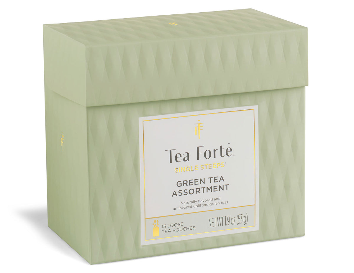 Green Tea Tasting Assortment Single Steeps Sampler box of 15 Single Steeps pouches - side view