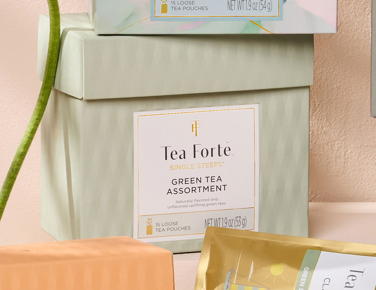 Green Tea Tasting Assortment Single Steeps Sampler box of 15 Single Steeps pouches - front of box with other boxes