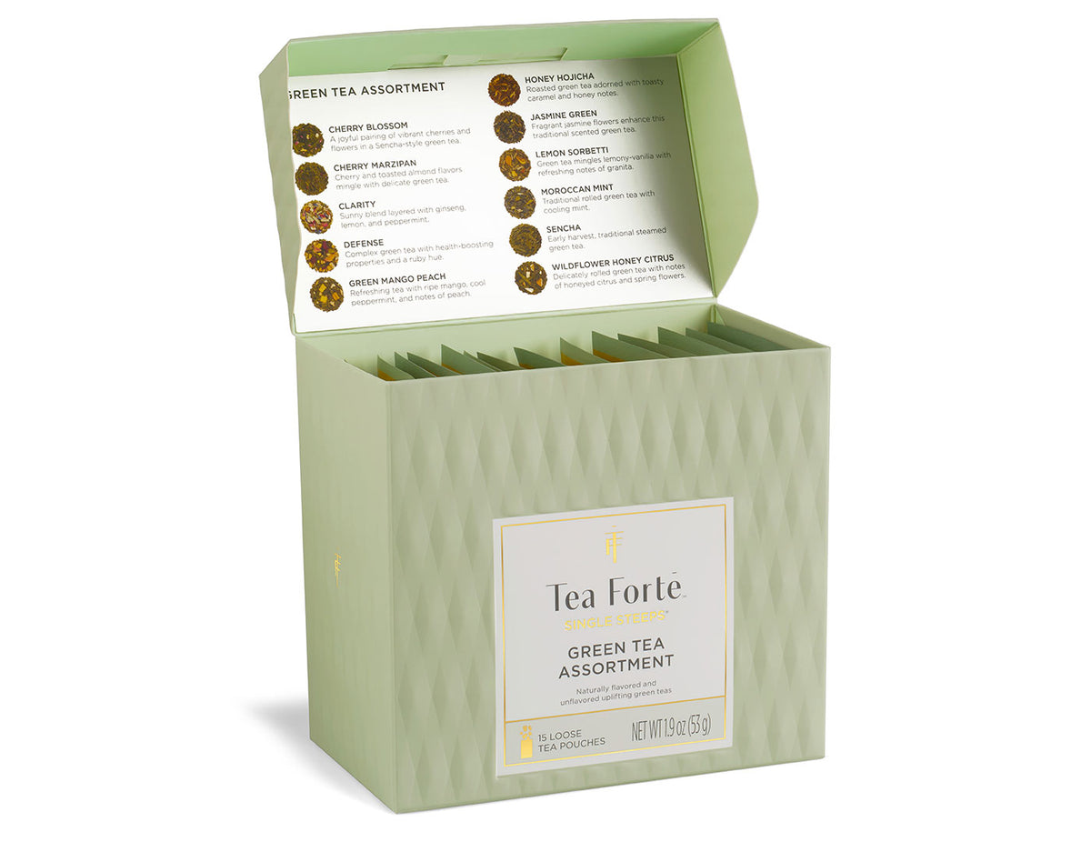 Green Tea Tasting Assortment Single Steeps Sampler box of 15 Single Steeps pouches - front of box open showing menu and pouches inside