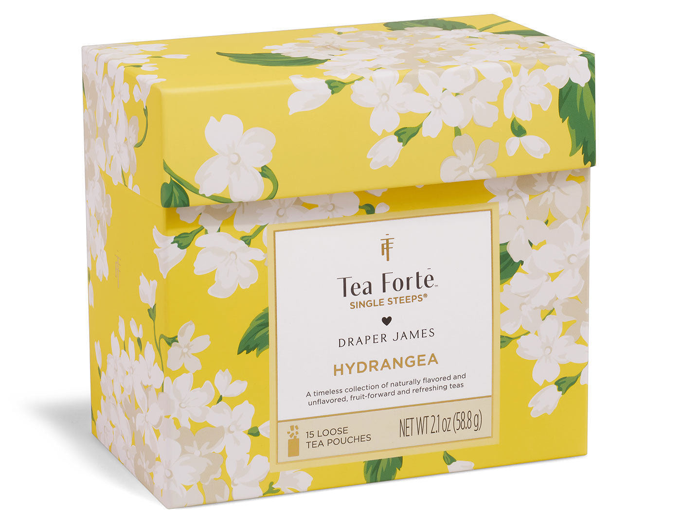 Hydrangea Single Steeps Sampler box of 15 Single Steeps pouches - front of box closed, side view