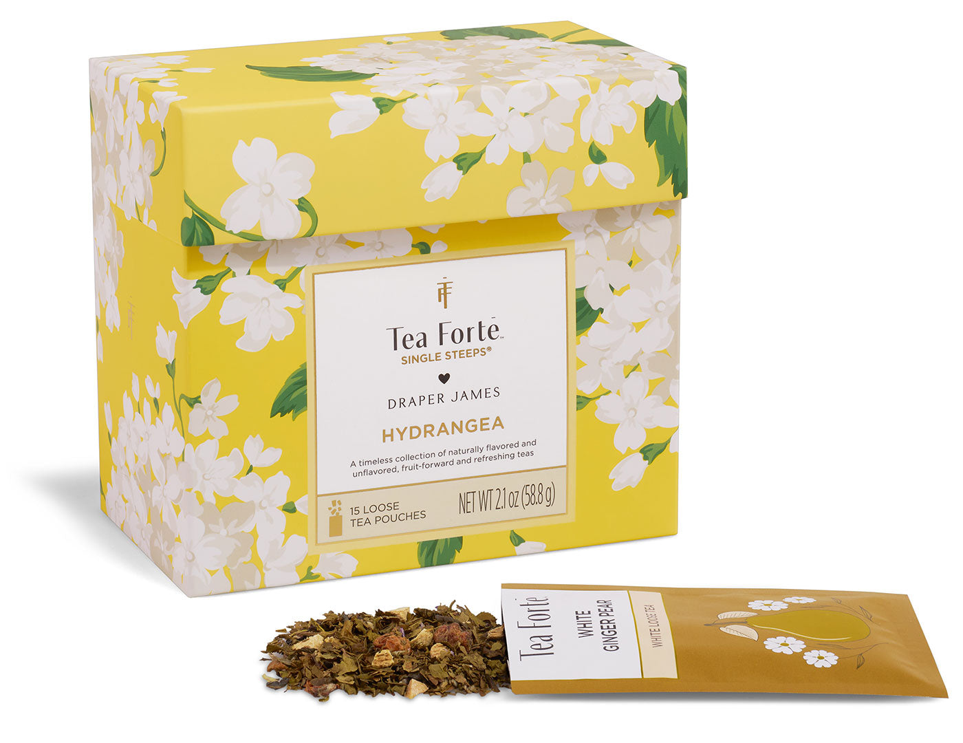 Hydrangea Single Steeps Sampler box of 15 Single Steeps pouches - front of box with open pouch