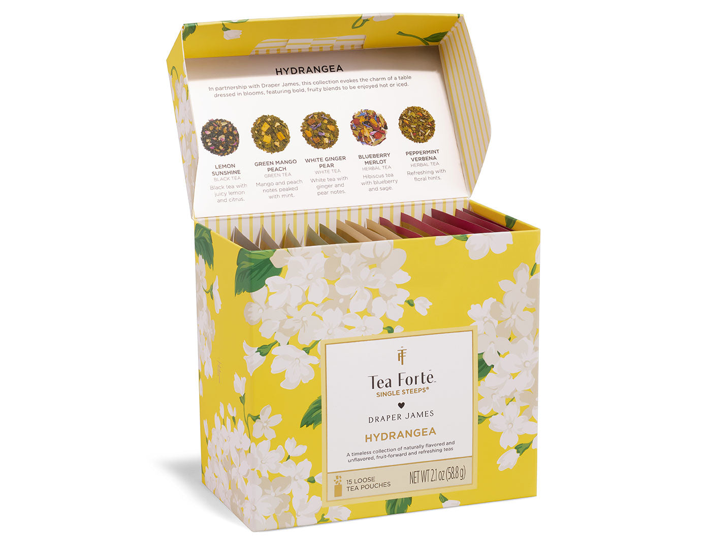 Hydrangea Single Steeps Sampler box of 15 Single Steeps pouches open lid