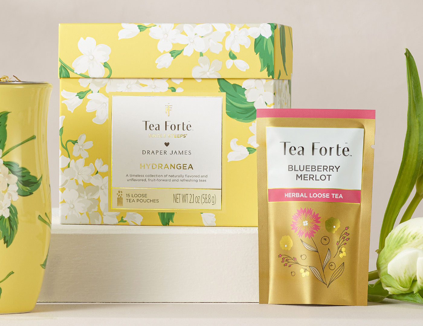 Hydrangea Single Steeps Sampler box of 15 Single Steeps pouches - front of box closed with pouch standing to the side with flowers in background