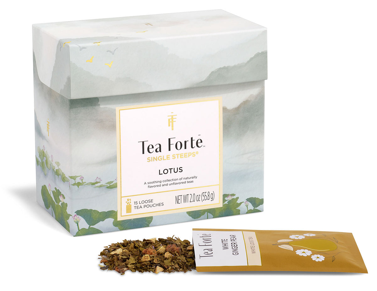 Lotus Single Steeps Sampler of 15 loose tea pouches, closed with pouch open in front