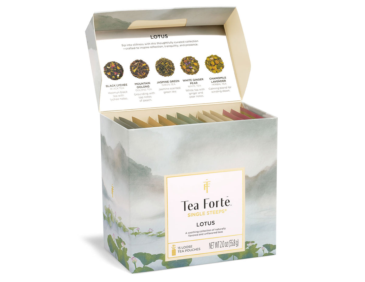 Lotus Single Steeps Sampler of 15 loose tea pouches, open lid showing tea menu