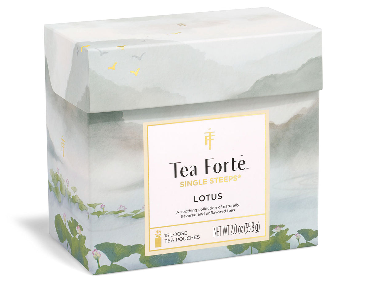 Lotus Single Steeps Sampler of 15 loose tea pouches, closed, side view