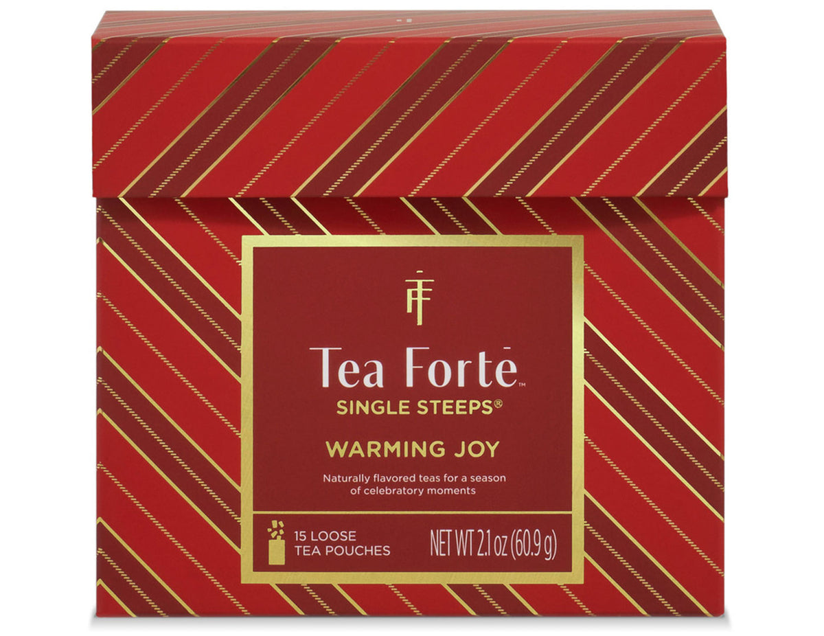 Warming Joy Single Steeps Sampler of 15 loose tea pouches, front facing with lid closed