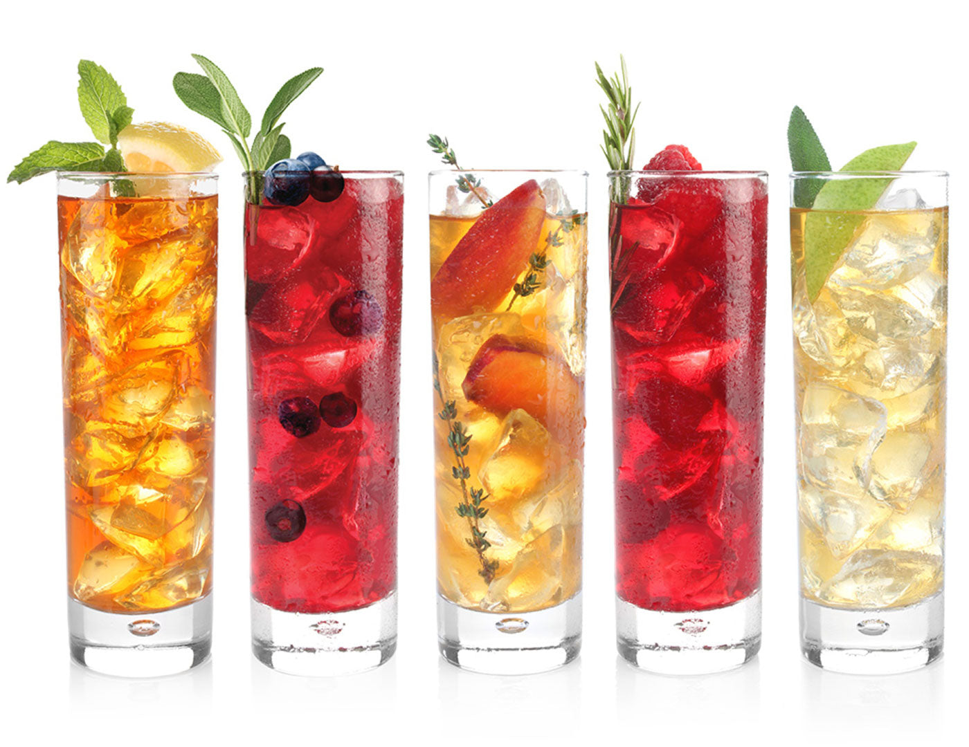 Five iced tea glasses side by side, one of each Sampler 5pk blend