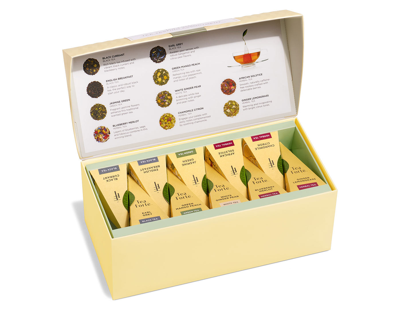 Tea Tasting tea assortment in a 20 count presentation box with lid open