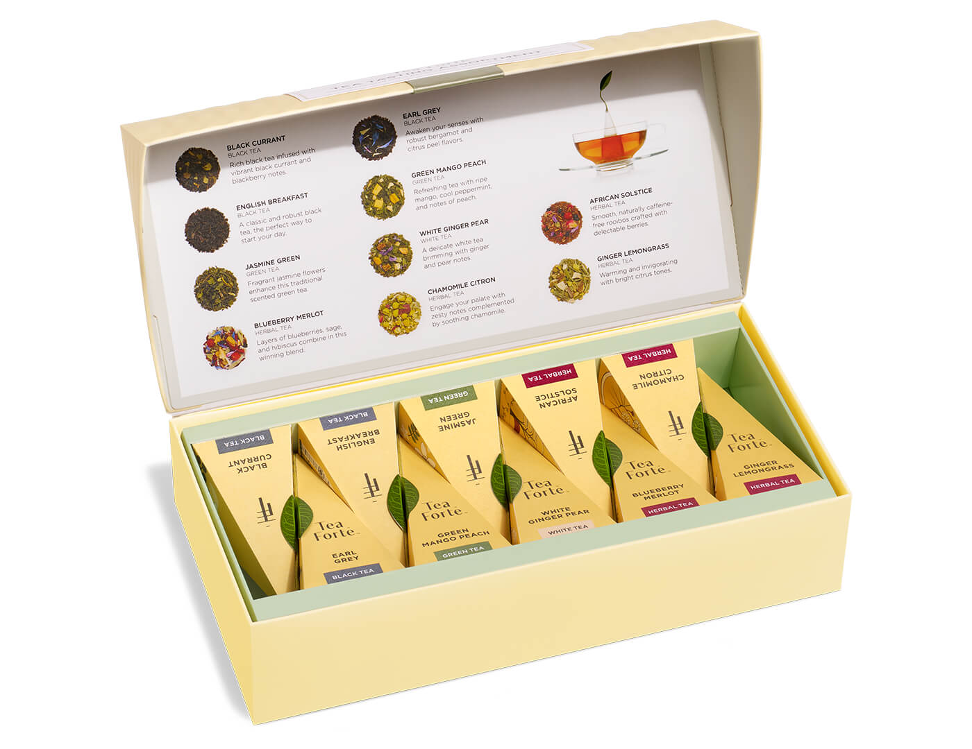 Tea Tasting tea assortment in a 10 count petite presentation box with lid open