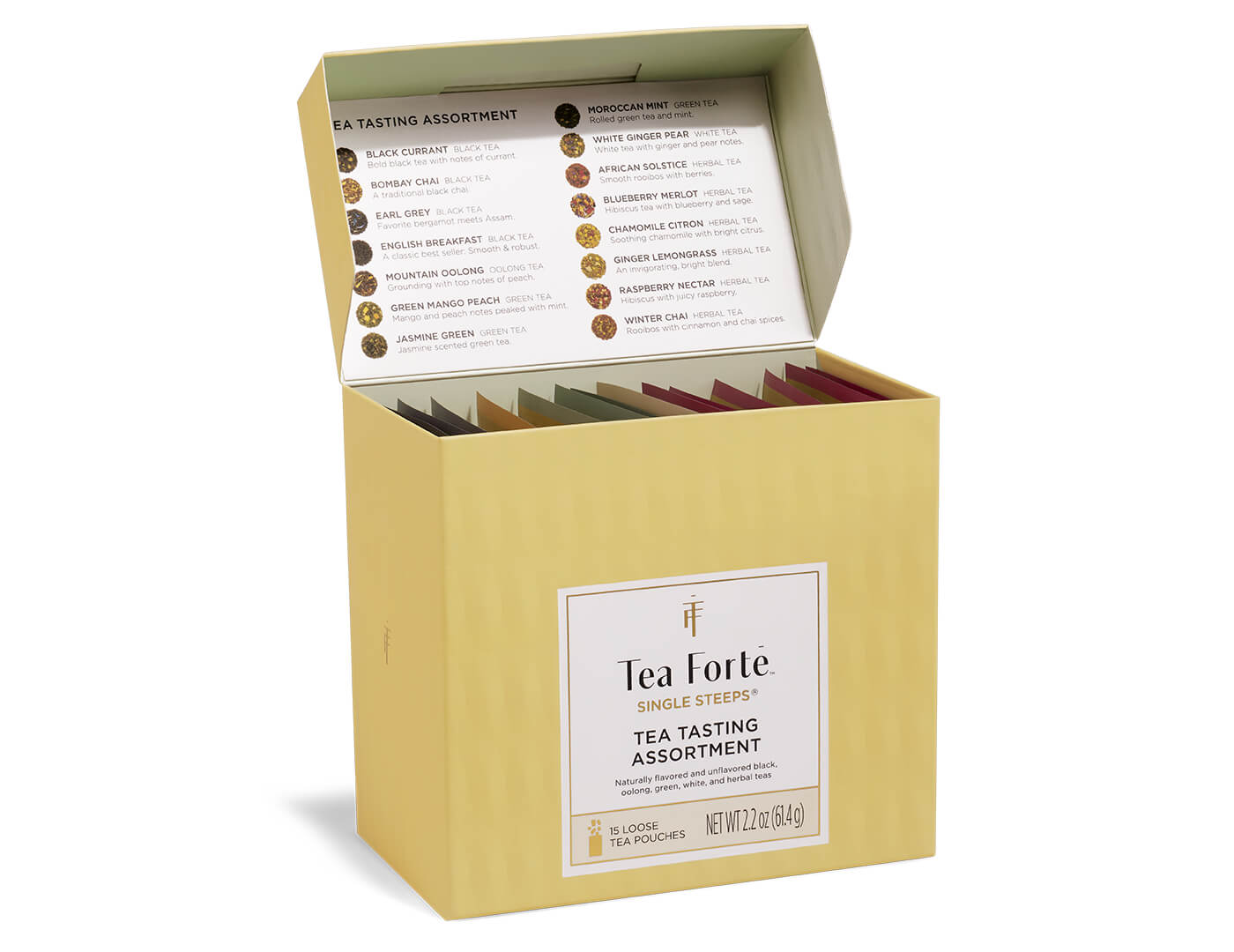 Tea Tasting Assortment Single Steeps Sampler box of 15 Single Steeps pouches - front of box open showing menu and pouches inside