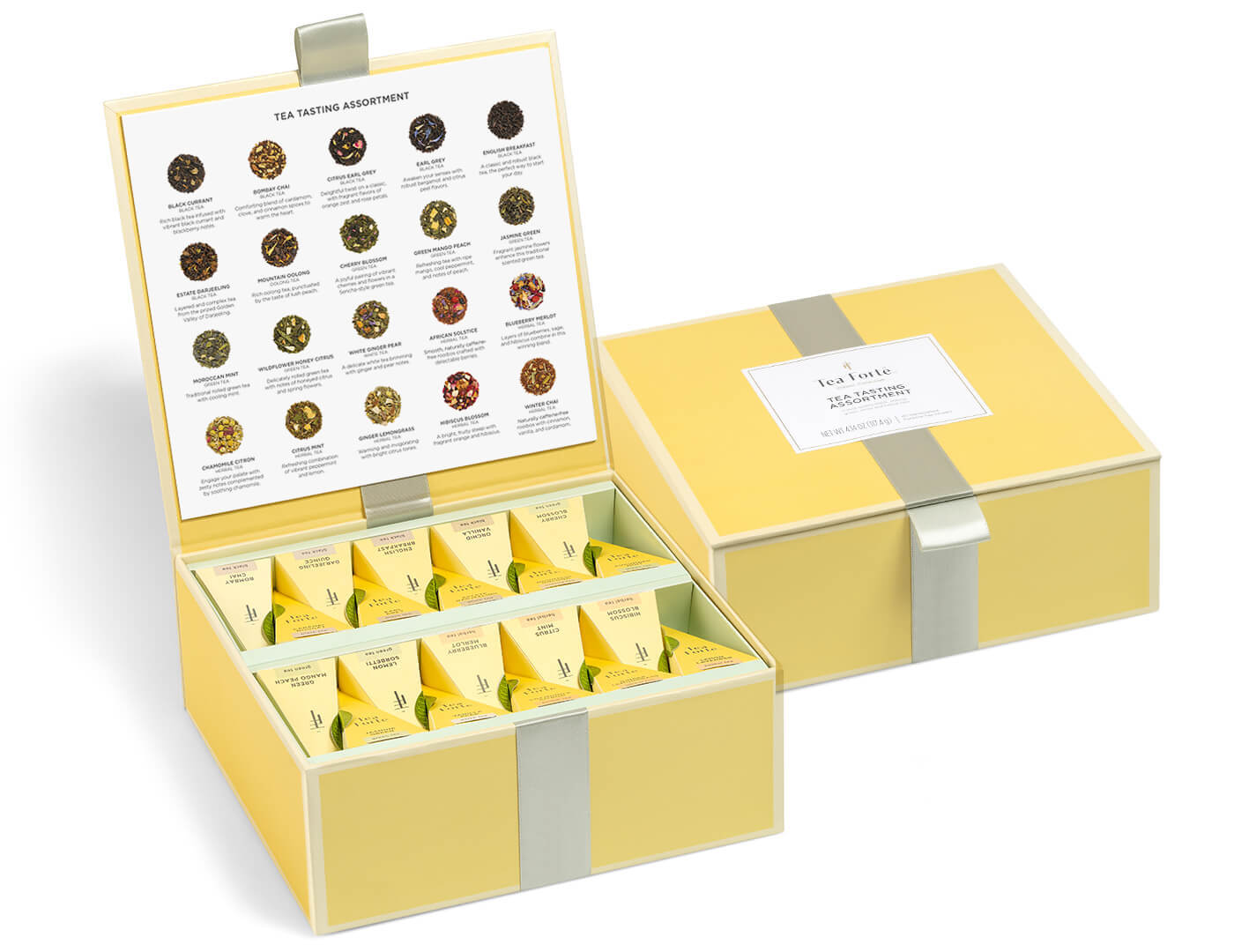 Tea Tasting Assortment Tea Chest of 40 pyramid infusers, open and closed boxes