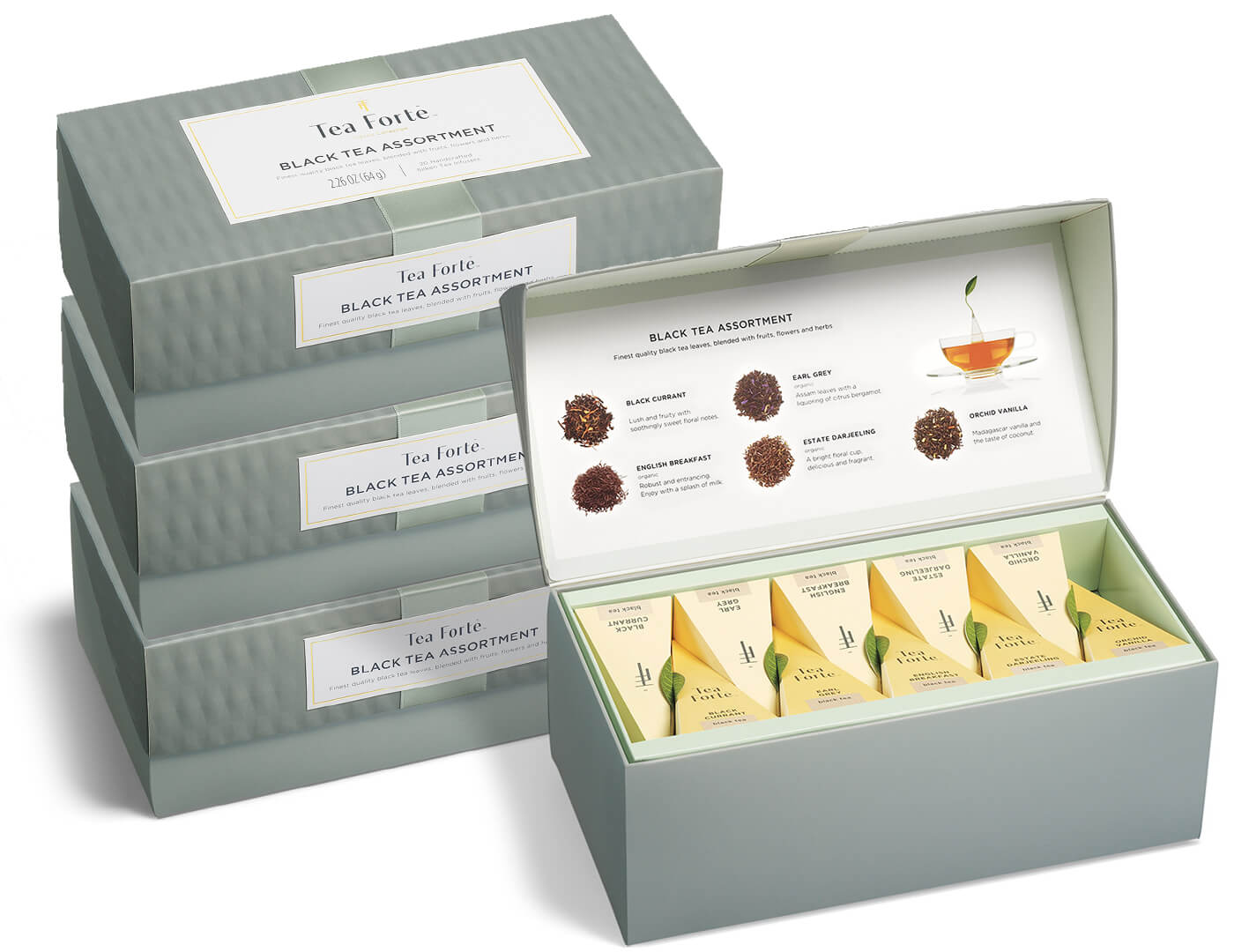 Black Tea Lovers Presentation Box 4pk, boxes open and closed