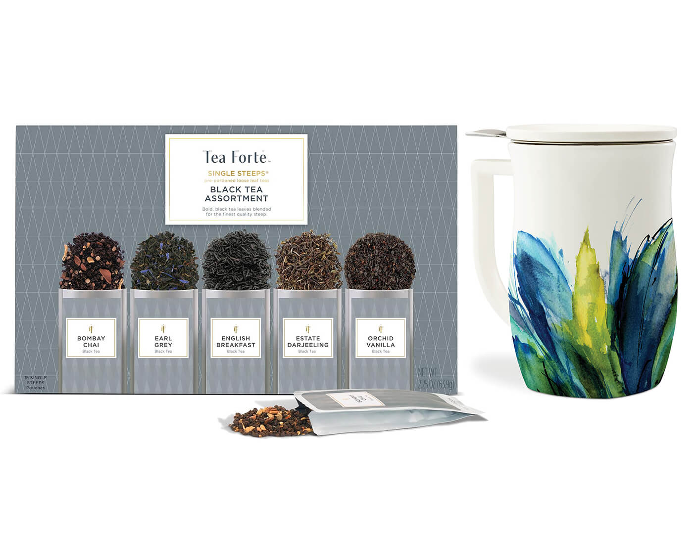 Black Tea Assortment Single Steeps Sampler of 15 pre-portioned loose tea pouches teas, box closed, and one Blue Agave Fiore Steeping Cup with lid on and infuser basket inside