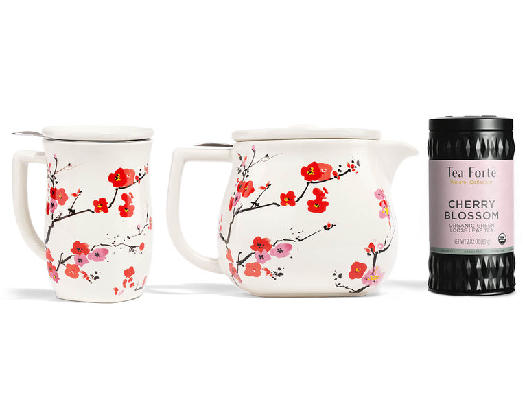 Cherry Blossom Teapot Set, with items in a row