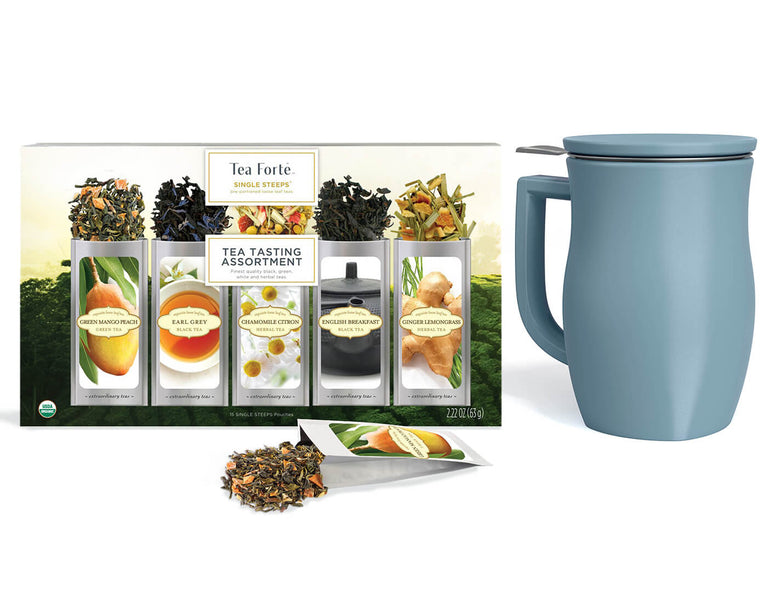 Classic Loose Tea Tasting Set Bundle of one Sampler and one Fiore Stone Blue Steeping Cup