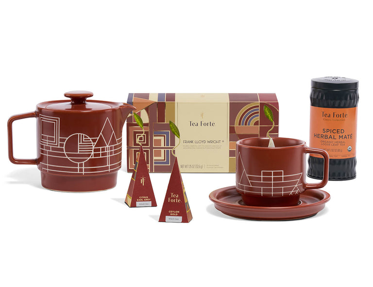 Frank Lloyd Wright Terra Tea Set of one Terra Teapot, One Terra Teacup and Saucer, one Frank Lloyd Wright Petite Box of 10 infusers and one Spiced Herbal Maté Loose Tea Canister