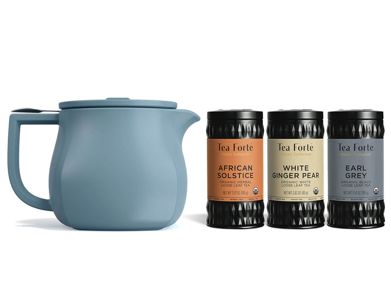 Fiore Teapot & Loose Tea Trio bundle of 3 loose tea canisters and a teapot