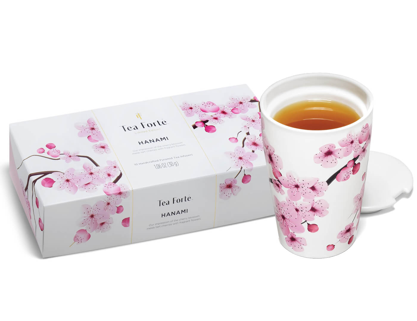 Hanami Petite Presentation Box of 10 teas, box closed, and one Hanami KATI Steeping Cup with lid off and tea inside