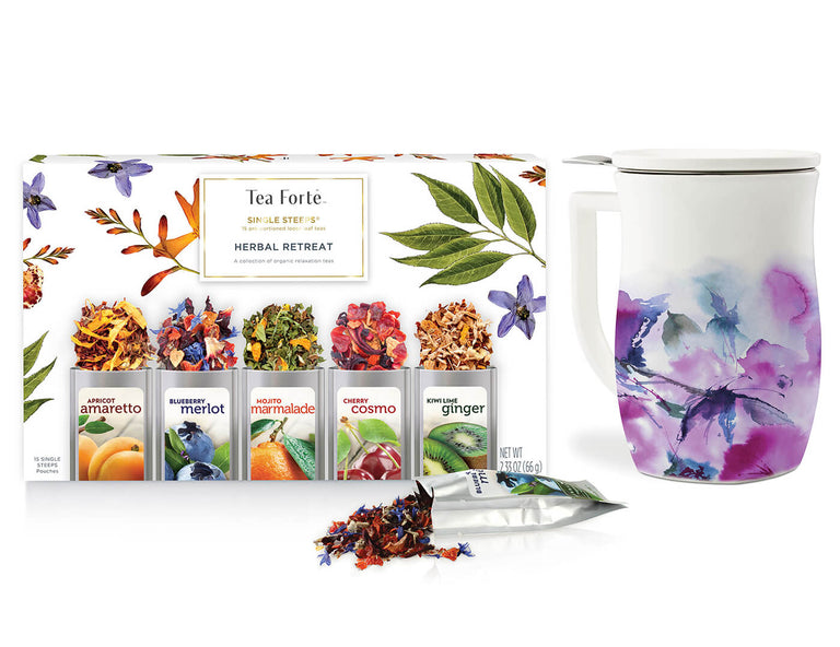 Herbal Retreat Loose Tea Tasting Set Bundle of one Single Steeps Sampler and one Fiore Steeping Cup in Verbena Blossom