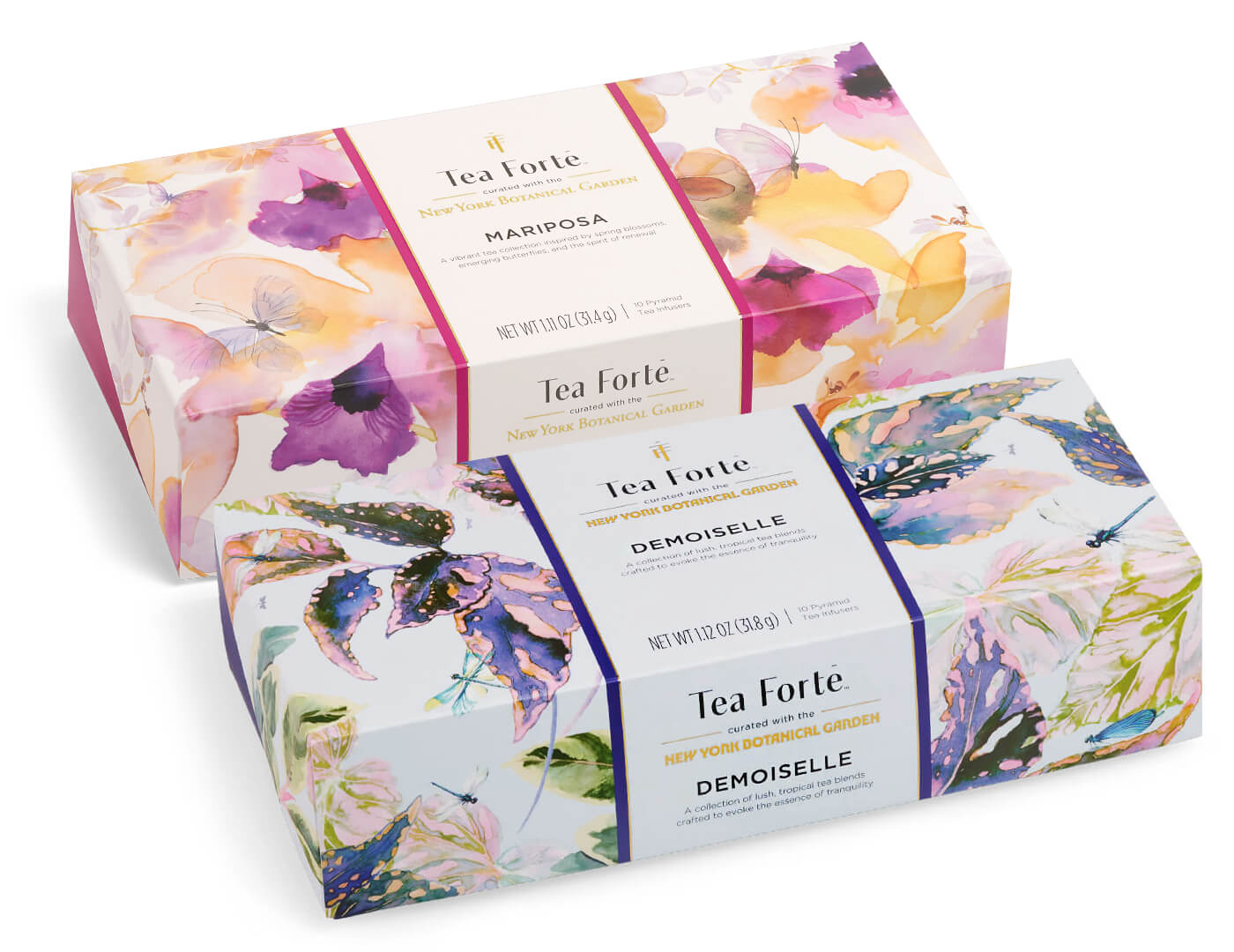 Demoiselle Petite Presentation Box of 10 teas, box closed, and one Mariposa Petite Presentation Box of 10 teas, box closed