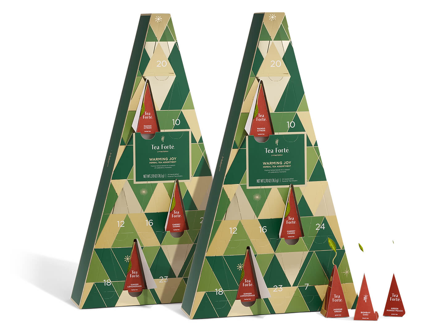 Warming Joy Herbal Advent Duo, 2 advent calendars with some doors open and infusers out