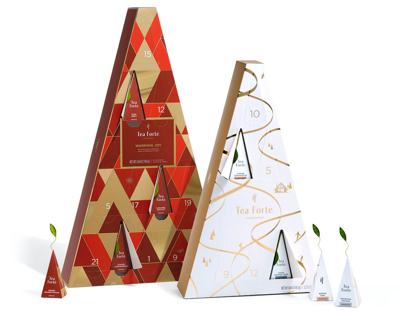 Winter & Joy Assorted Advent Combo, one Warming Joy Assorted Advent and one Winter Chalet 12 Days of Cozy teas advent,doors open and infusers showing