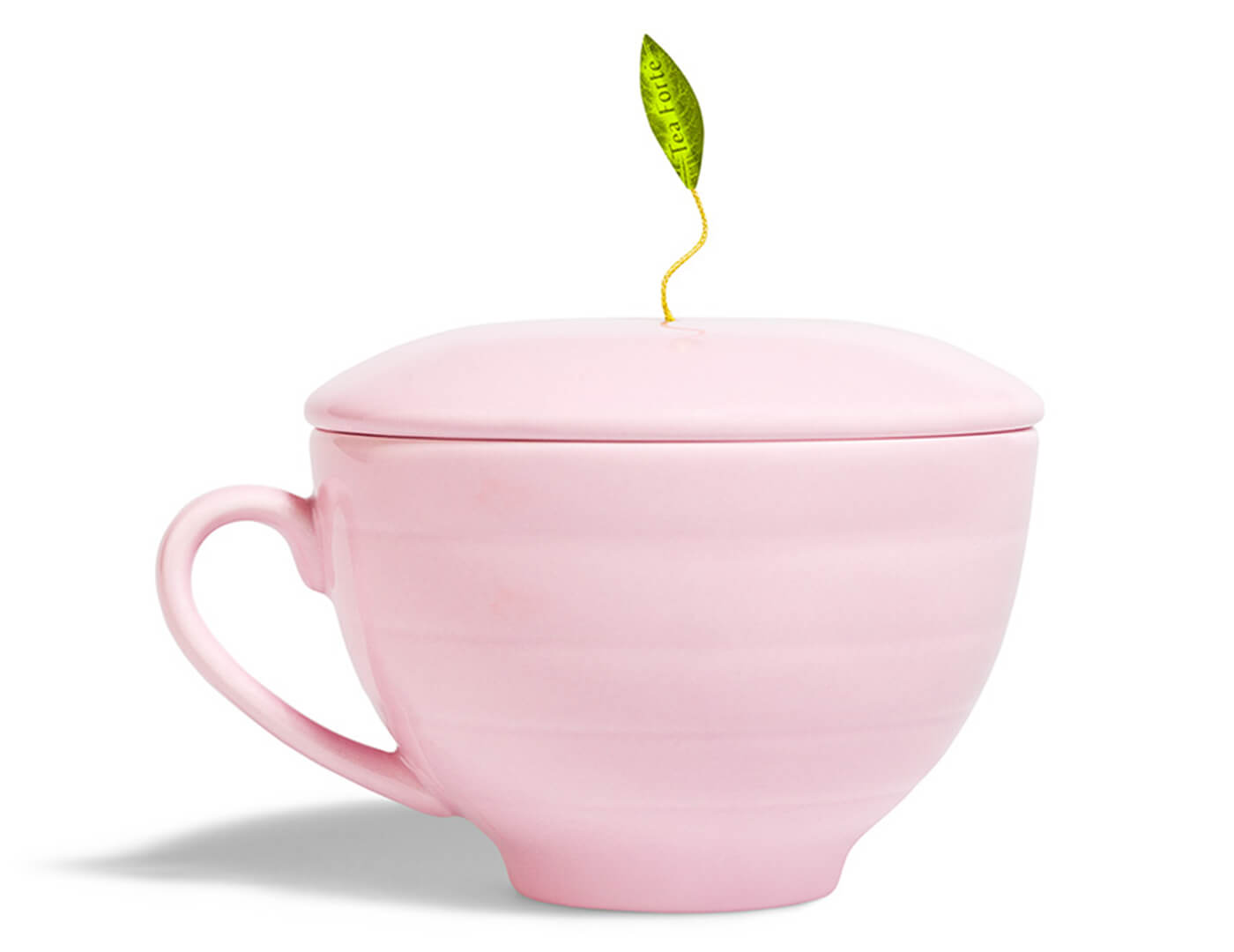 Rose Pink Café Cup with lid on top and pyramid infuser inside.