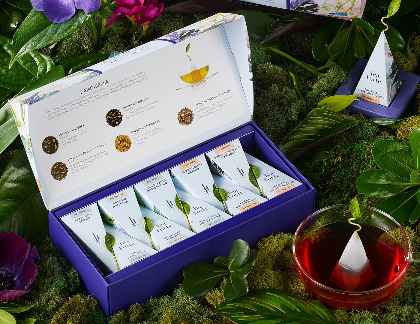 Demoiselle Petite Presentation Box, open, with infuser and teacup amongst moss and plants