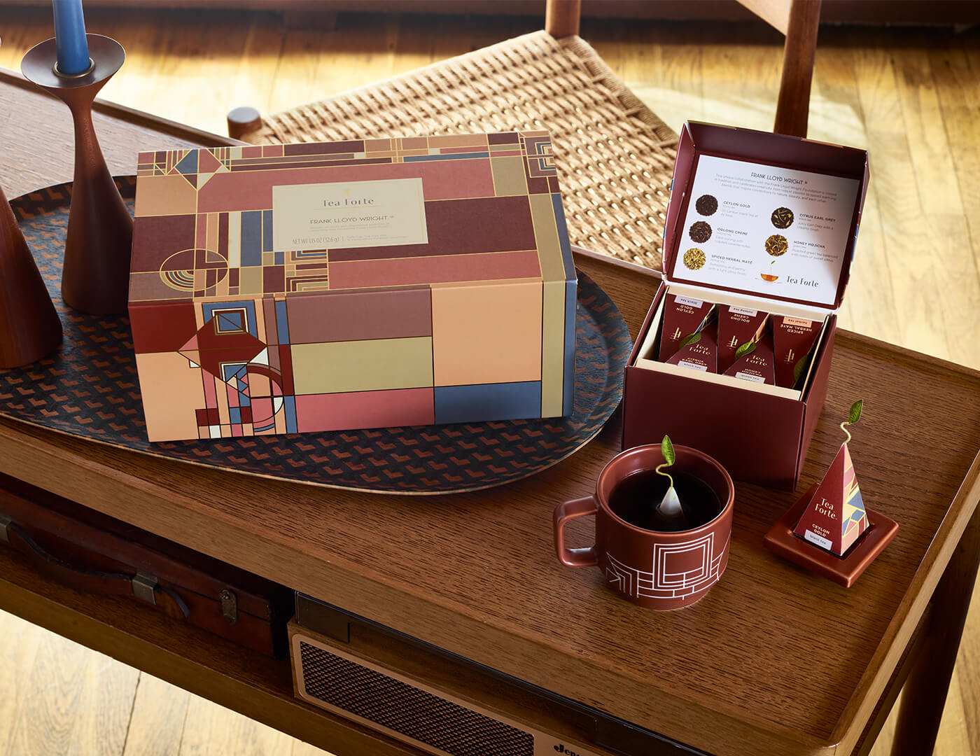 Frank Lloyd Wright Gift Set on table with items out