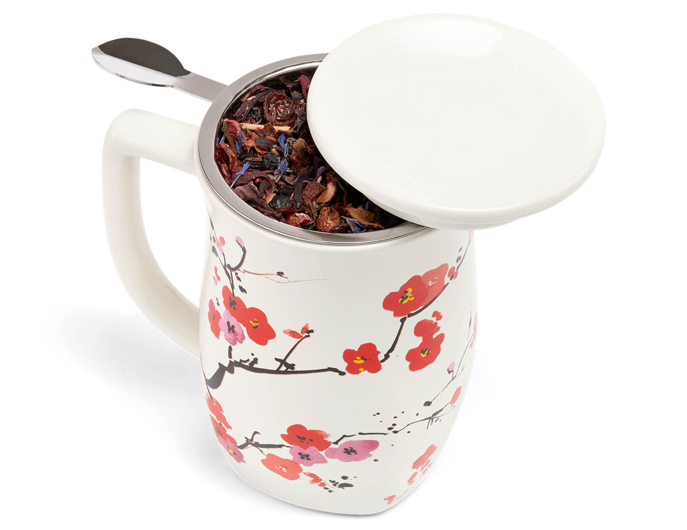 Fiore Sakura Steeping Cup with lid and infuser, shown from above