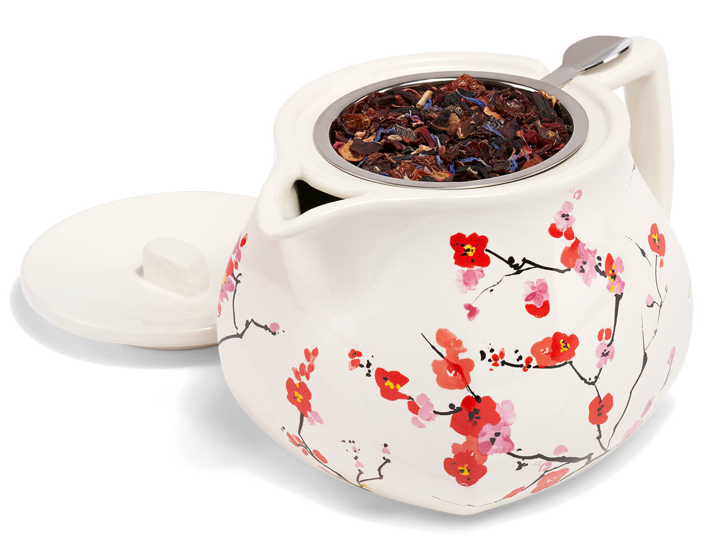 Fiore Sakura Teapot with lid on table and loose tea inside the infuser basket