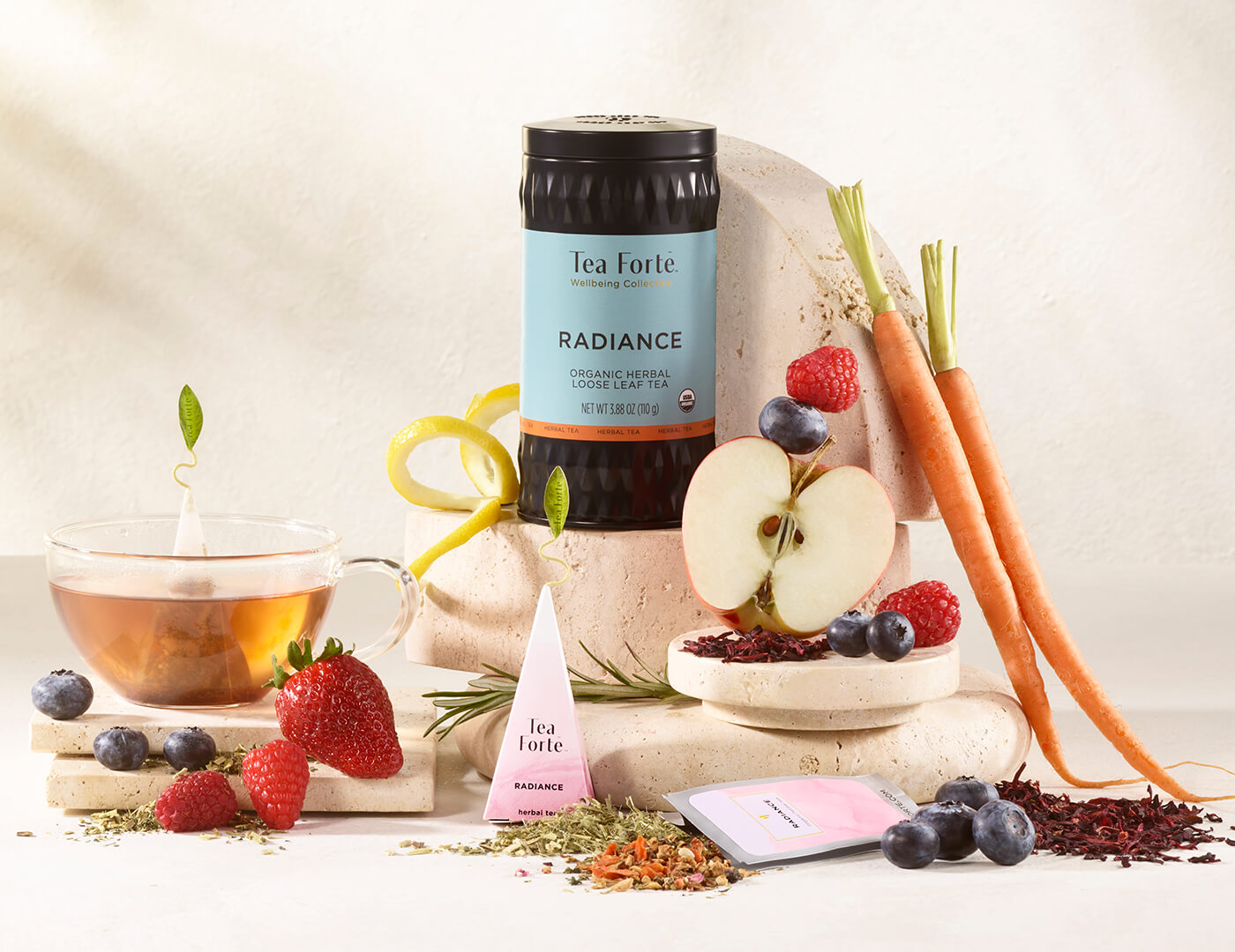 Radiance tea in a canister of loose tea with ingredients