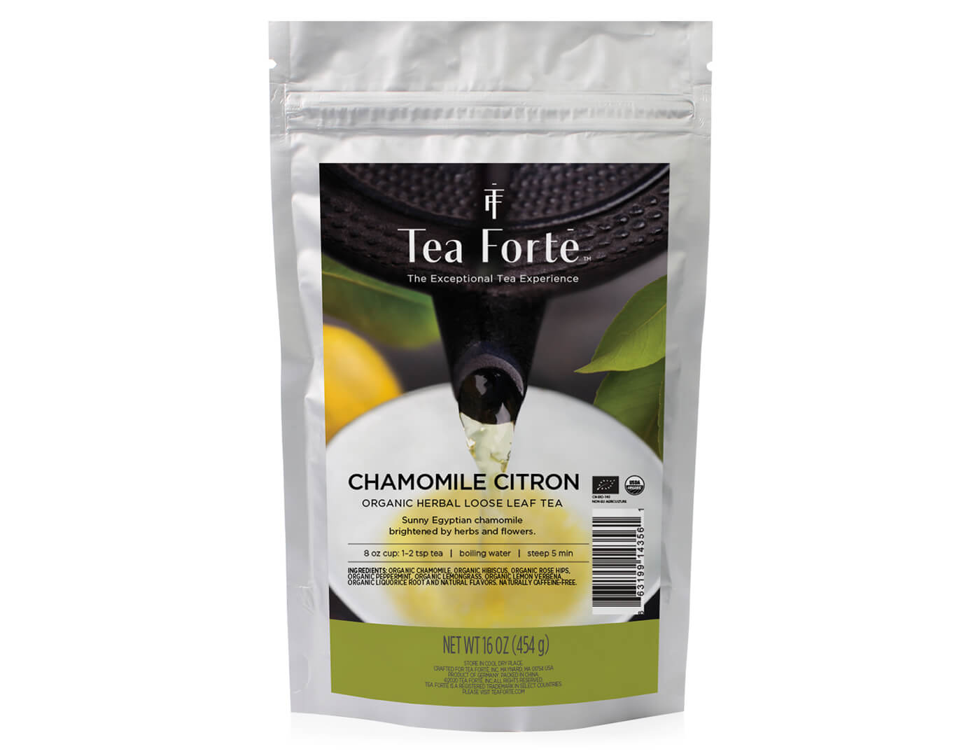 Chamomile Citron tea in a one pound pouch of loose tea