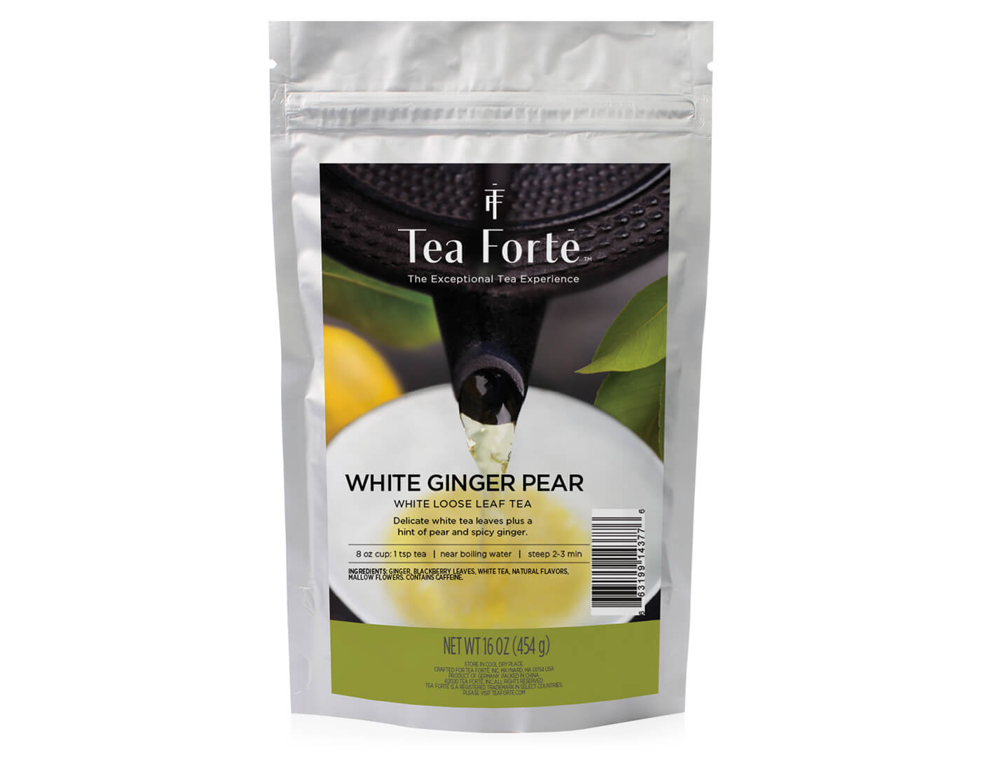 White Ginger Pear tea in a one pound pouch of loose tea