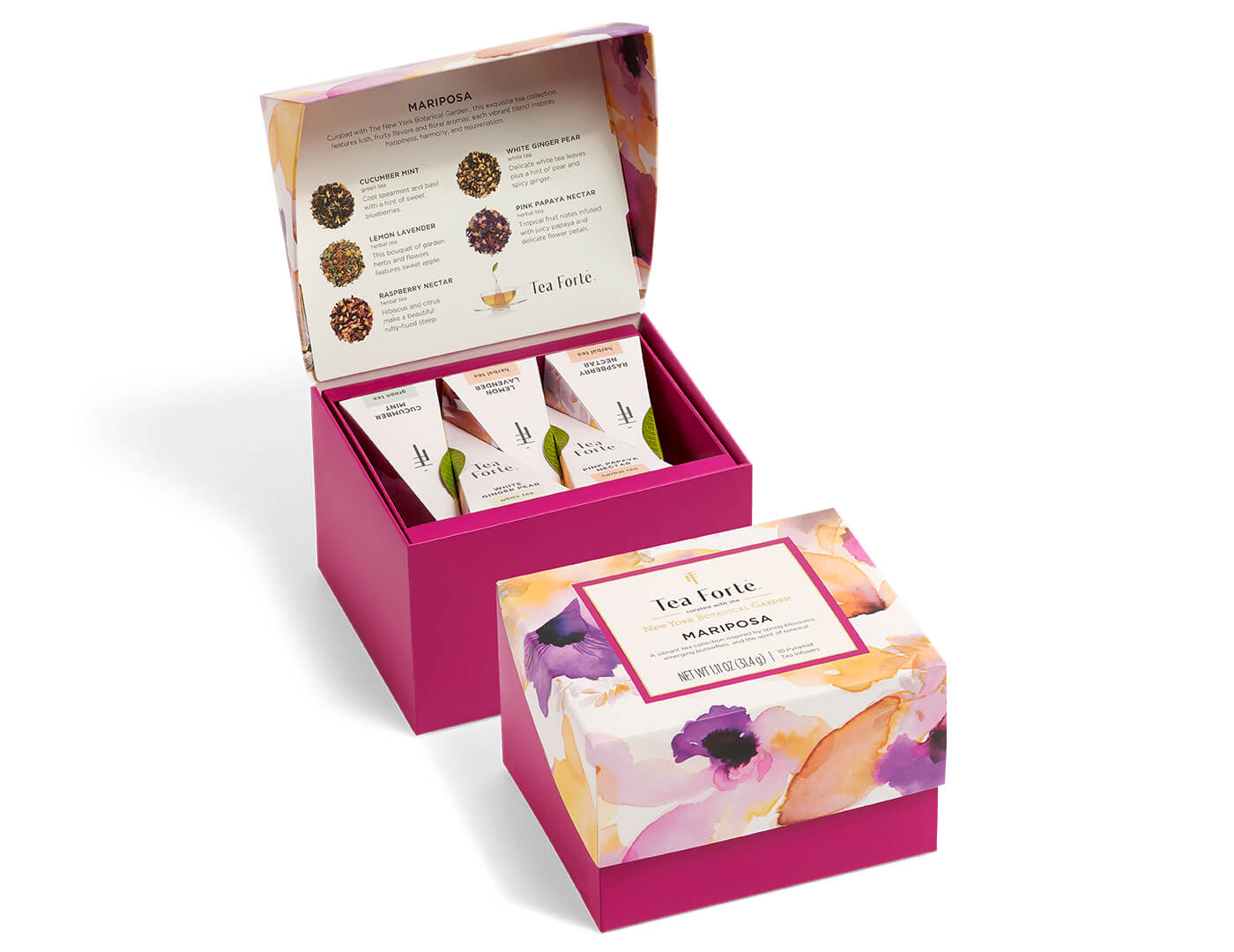 Mariposa Gift Set Mini Petite Box open and closed, of 10 pyramid tea infusers