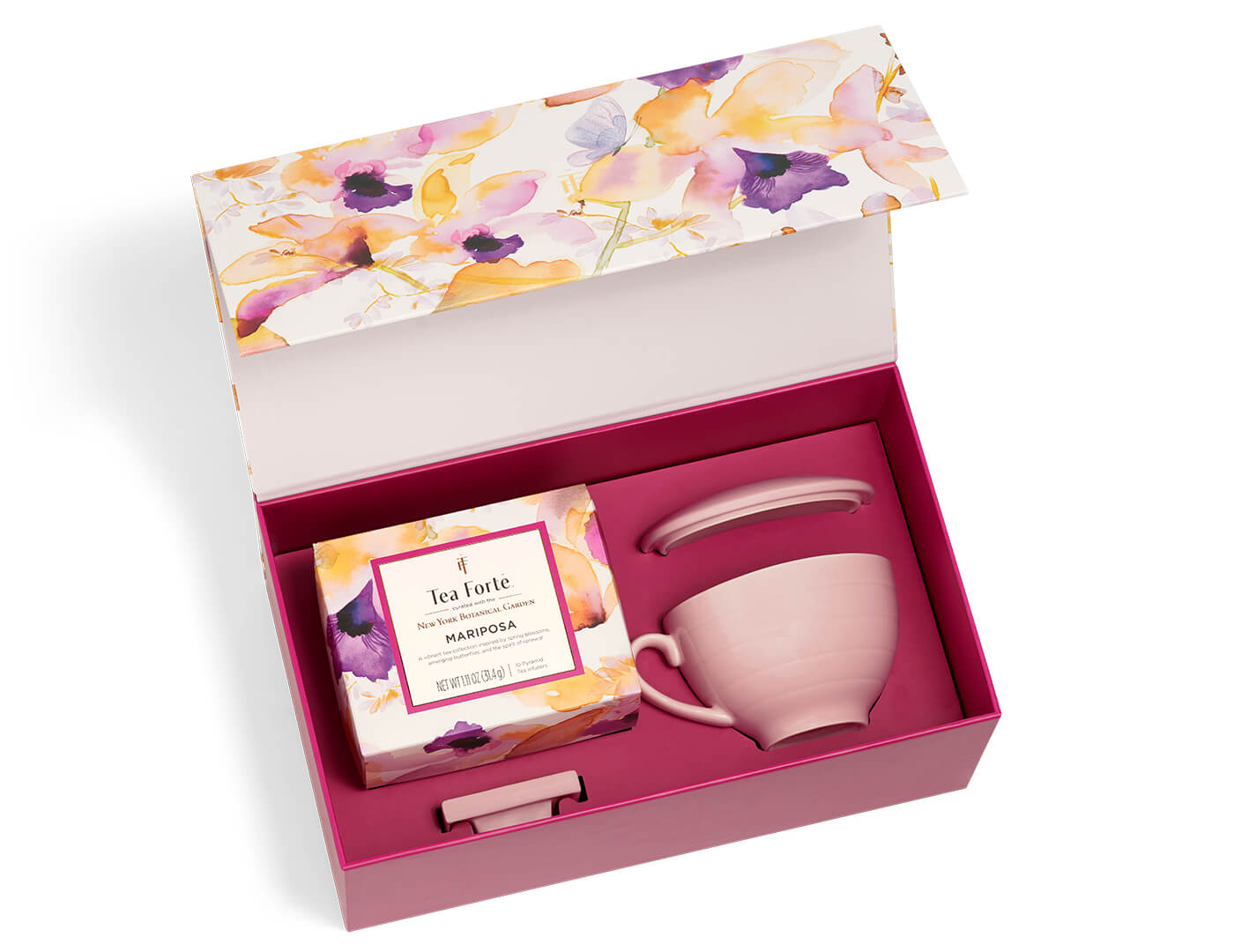Mariposa Gift Set, open box showing a Mini Petite Box of 10 pyramid tea infusers, one Tea Tray and one Rose Pink Café Cup