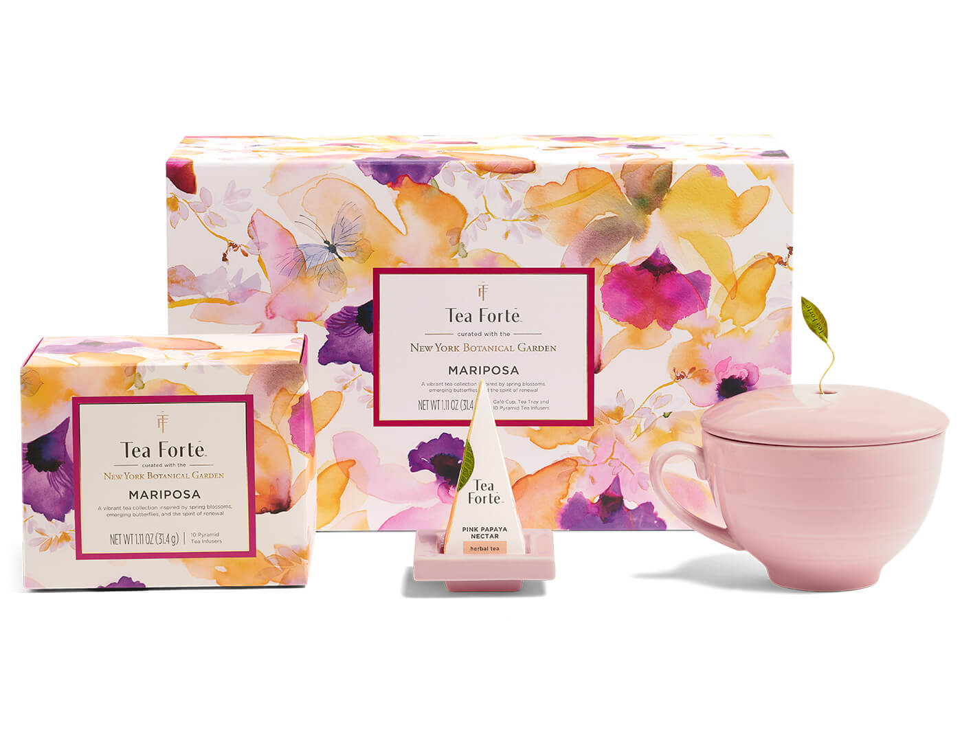 Mariposa Gift Set of 10 pyramid tea influsers, one Tea Tray and one Rose Pink Café Cup