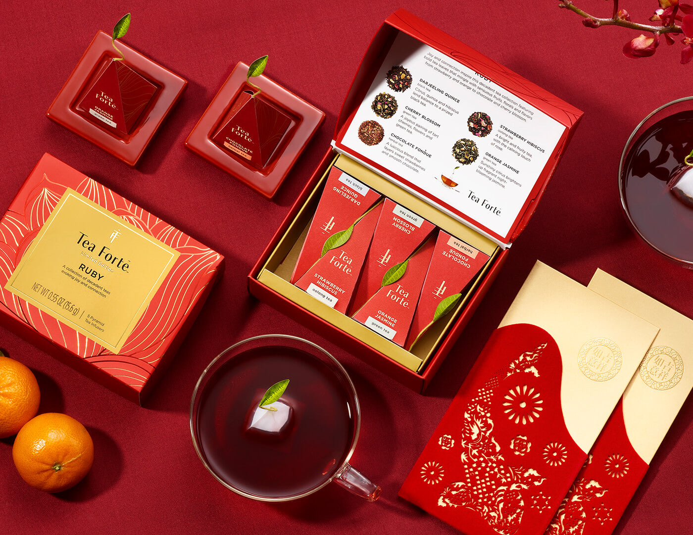 Ruby MIni Petite Box on a dark red background with Lunar New Year chocolate and oranges.