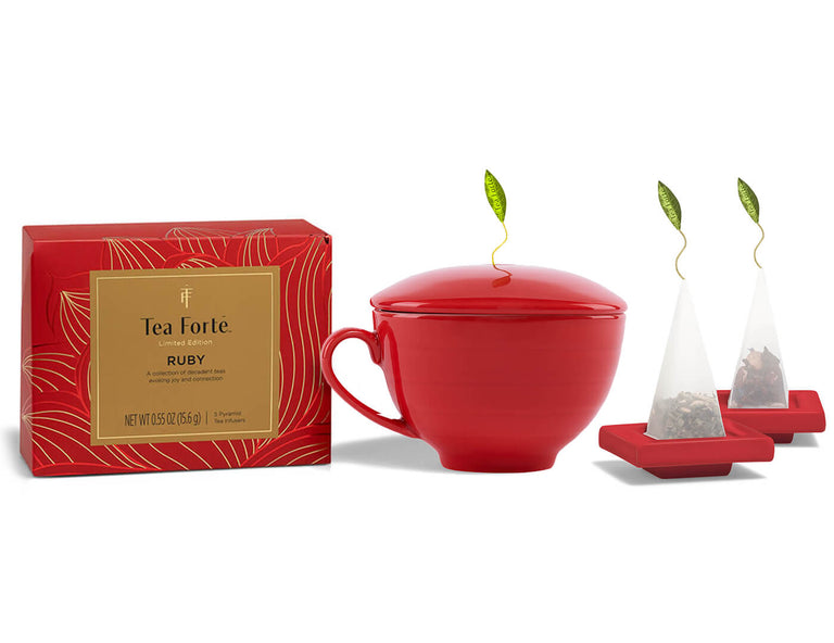 Ruby Tea Set Gift Bundle of one Ruby Mini Petite, one Cafe Cup in Ruby Red and one set of Ruby Red Tea Trays