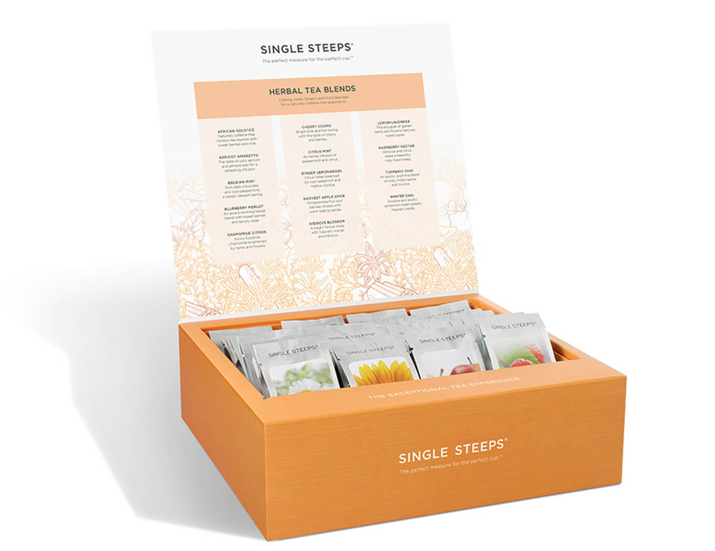Herbal tea assortment in a 28 count chest of Single Steeps pouches with lid open