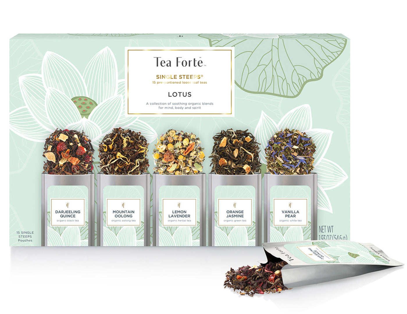 Lotus Single Steeps Sampler of 15 loose tea pouches, closed with pouch open in front