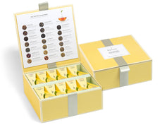 Tea Tasting Assortment Tea Chest of 40 pyramid infusers, lid open and closed